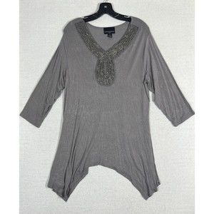 Cynthia Rowley Bead work Neck Top Womens 1X Gray Lagenlook